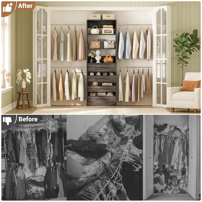 Modular Closet System Wardrobe Organizer 4 Adjustable Hanging Rods + 4 Wooden Drawers, Space-Saving for 4-9Ft Closets