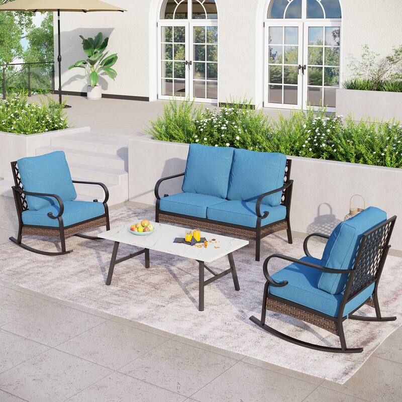 MAISON ARTS 4-Seat Patio Conversation Sets with 2 Rocking Sofa Chairs, 1 Loveseat Sofa and 1 Coffee Table - Navy Blue