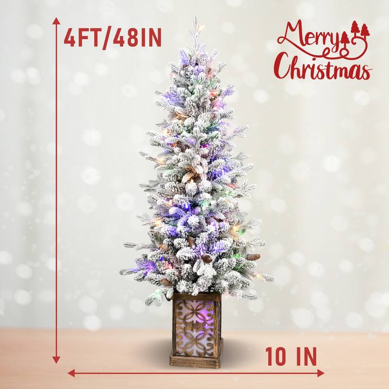 4FT Flocked Christmas Tree with Multicolour LED Lights,396 Tips,Glitter Base,100 Lights,PE/PVC Tips with Pine Cones