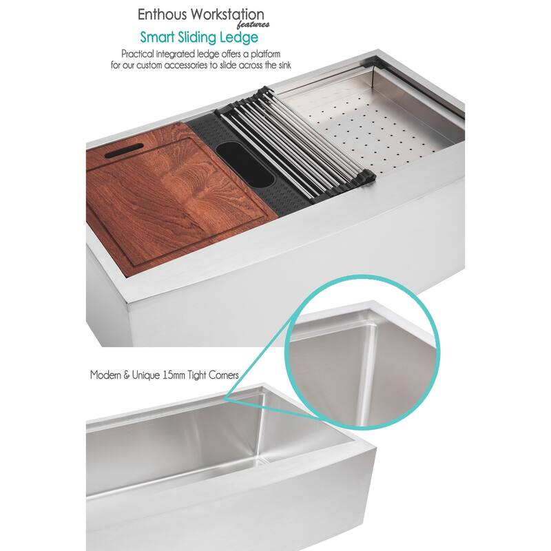 Enthous Workstation 36 Inch Farmhouse Apron 16 Gauge Single Bowl Stainless Steel Kitchen Sink Integrated Ledge 15mm Radius