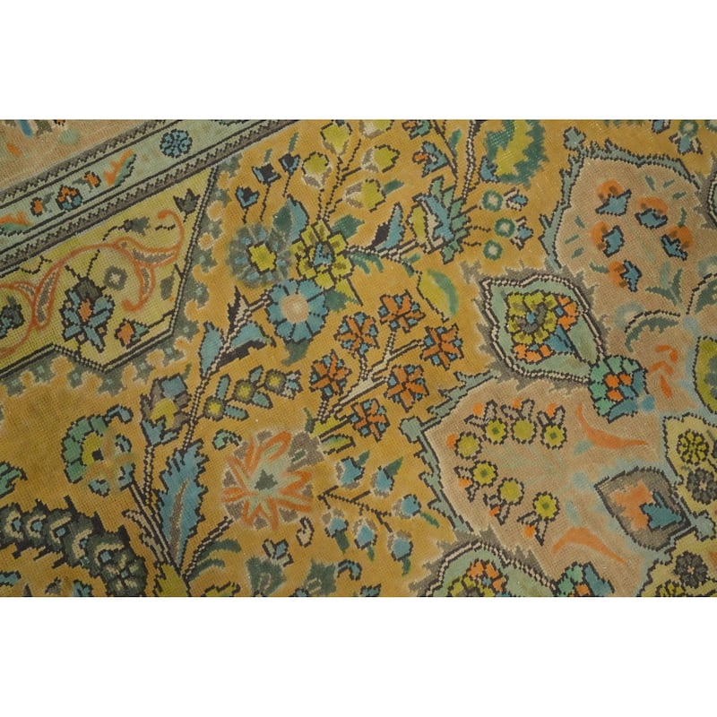 Hand Knotted Oriental 100% Wool Carpet Traditional Floral Yellow & Gold Tabriz Area Rug - 11' 0'' X 7' 11''