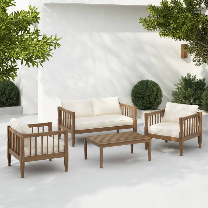 Scott Living Darla 4 Piece Outdoor Sleek Acacia Wood Seating Set with Water-Resistant Cushion