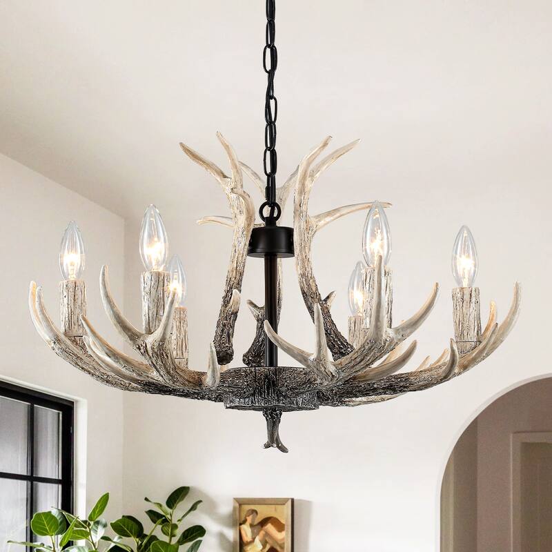 6-light farmhouse adjustable height pendant light with decorative resin antlers - Black