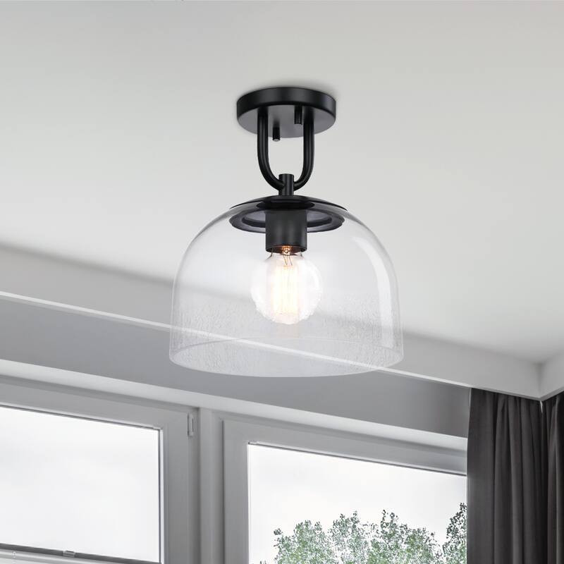 Astra 11.75 in. Matte Black Modern Semi-Flush Mount with Clear Ice Glass Shade for Hallways