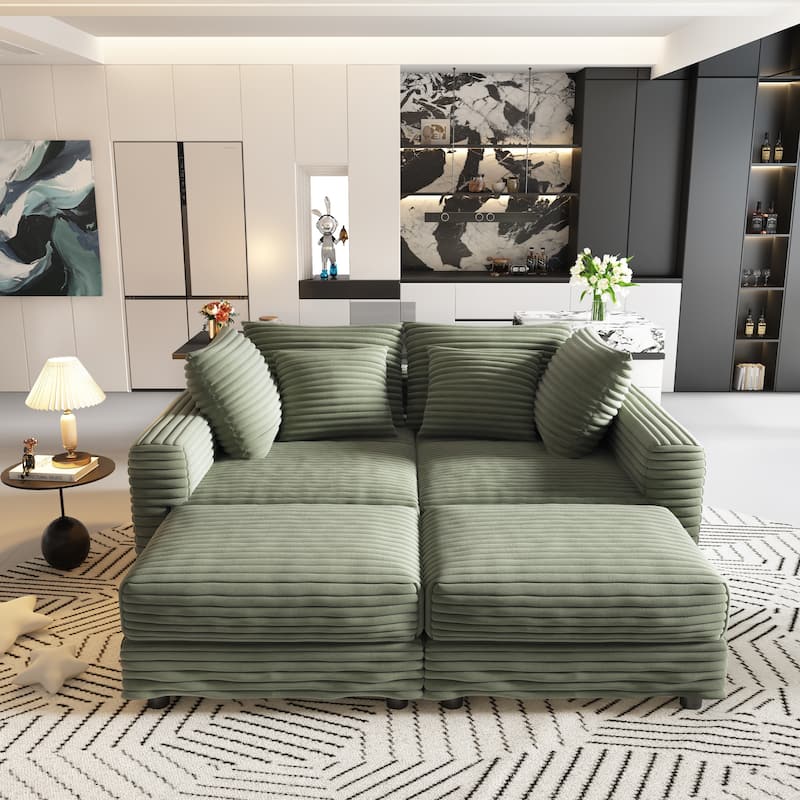 102.4" Corduroy Couch with Ottomans, 4 Seat Convertible Modular Sectional Sofa, Upholstered Couches with Pillows for Living Room