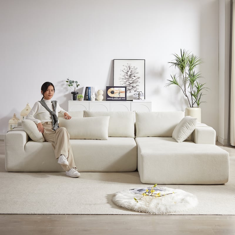 Roomfitters 108" Chenille Modular Sectional Sofa, L-Shaped 3-4 Seater with 6 Pillows, Right Chaise - Beige - Right Hand Facing