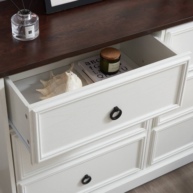 GDFStudio - White Modern Farmhouse 6-Drawer Dresser with Oak Grain Top and Smooth Metal Slides