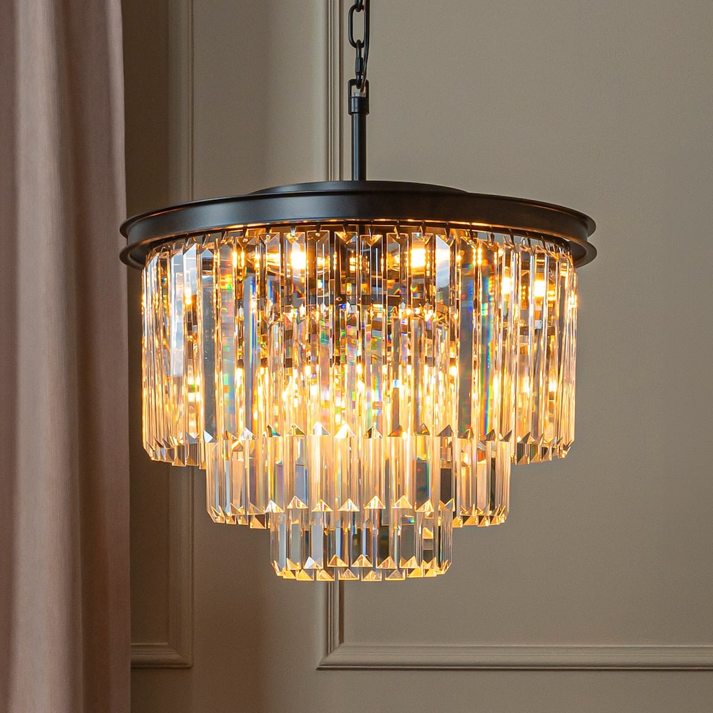 6-Lights Modern 3-Tier Round Fringe Crystal Chandelier - W 20"