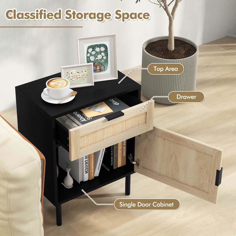 Costway Rattan Nightstand Set of 2 Mid Century Modern End Table with - See Details