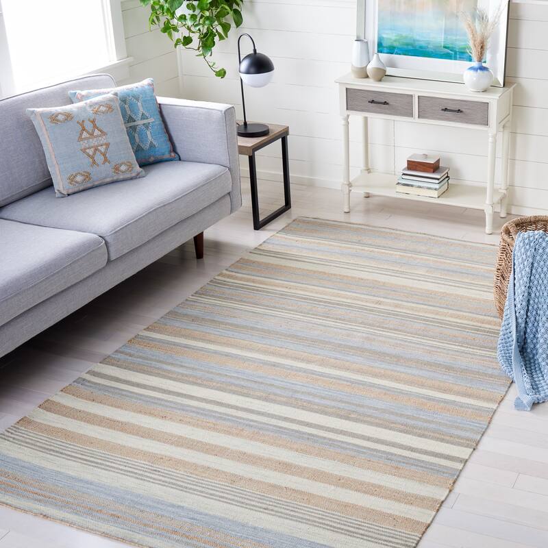 SAFAVIEH Handmade Kilim Dvira Stripe Jute & Wool Rug - 9' x 12' - Natural/Light Blue