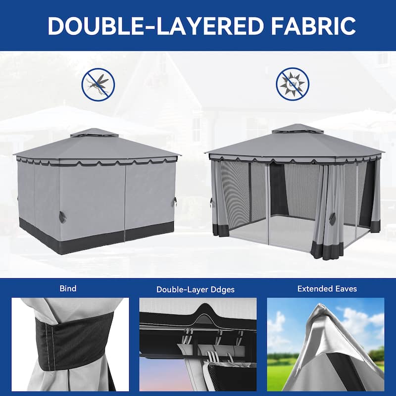 Outdoor 10x10/12Ft Patio Gazebo Canopy with Soft Roof Netting Curtains