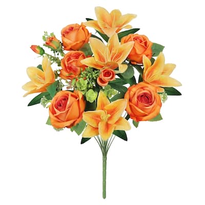 Set of 2 Orange Artificial Mixed Rose Stargazer Lily Flower Stem Bush Bouquet 18in - 18" L x 11" W x 11" DP