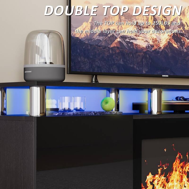 BOSSIN 70" Modern Electric Fireplace TV Stand, with Electronic Flame and LED Lights, High Gloss Finish Entertainment Center