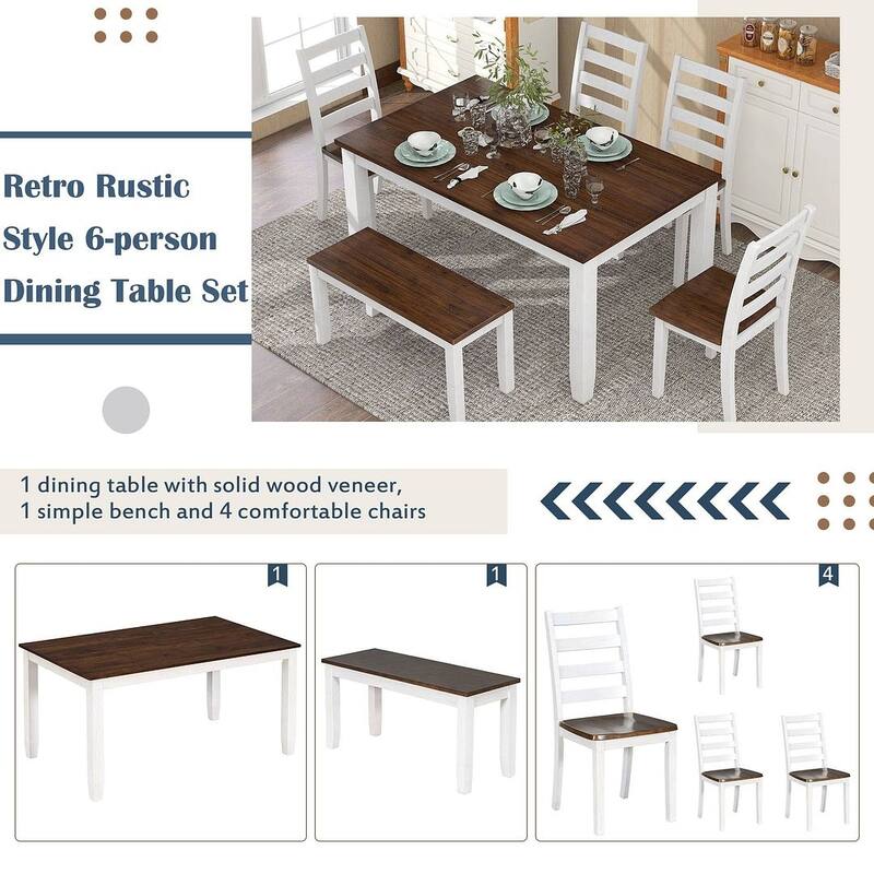 60" Farmhouse Rectangular Dining Table with 4 Upholstered Chairs and Bench