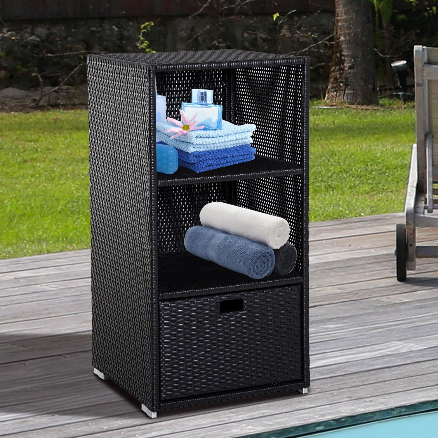 Outsunny Rattan Wicker Storage Cabinet Outdoor Organizer with 3