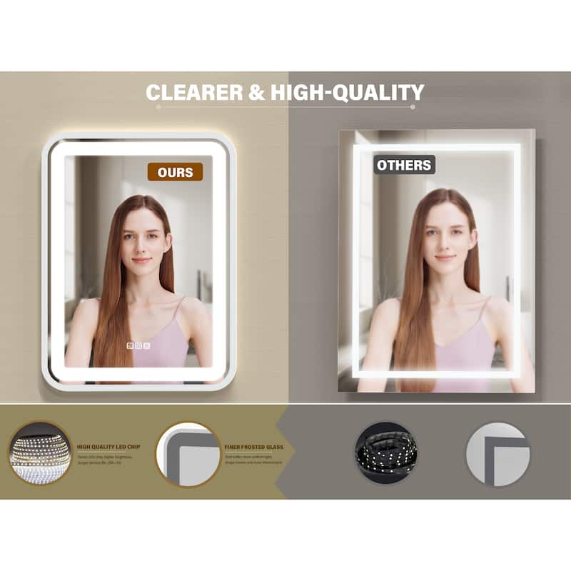 Silver Glass LED Vanity Mirror with Defog, Dimmable Lights and Memory - 36" W x 28" H