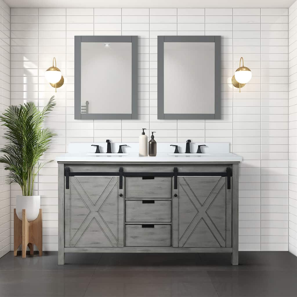 Marsyas 60 in W x 22 in D Ash Grey Double Bath Vanity, White Quartz Countertop, Faucet Set and 24 in Mirrors