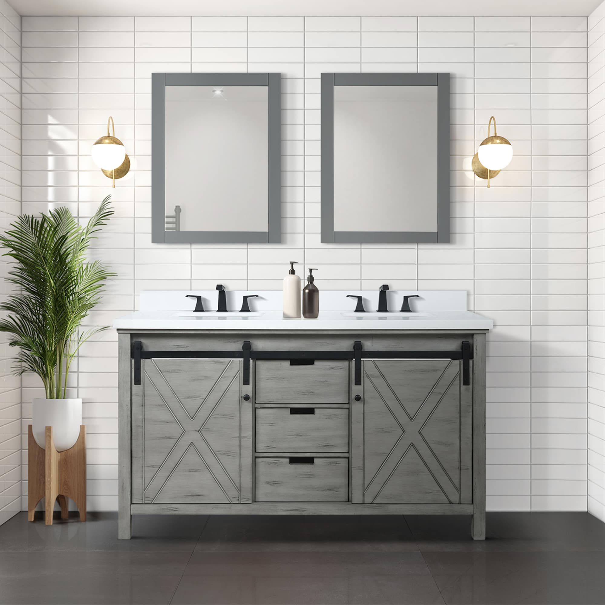 Marsyas 60 in W x 22 in D Ash Grey Double Bath Vanity, White Quartz Countertop, Faucet Set and 24 in Mirrors