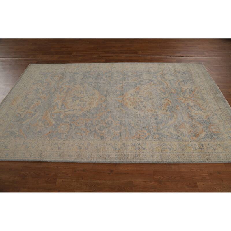 Vegetable Dye Floral Oushak Turkish Area Rug Blue Handmade Wool Carpet - 5'0"x 7'11"