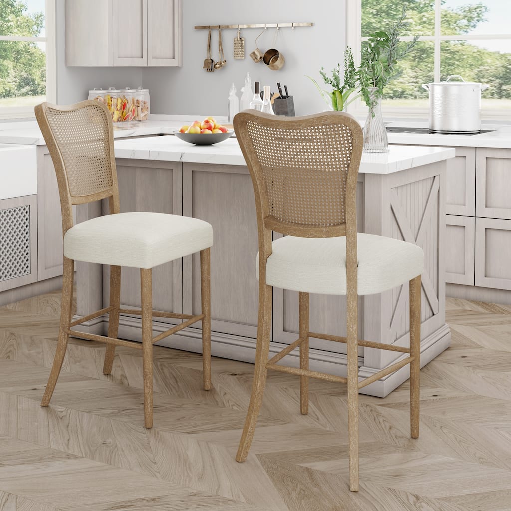 Roomfitters Rattan Back Counter Height Chair Set of 2, Rustic Farmhouse Style Seating, Natural