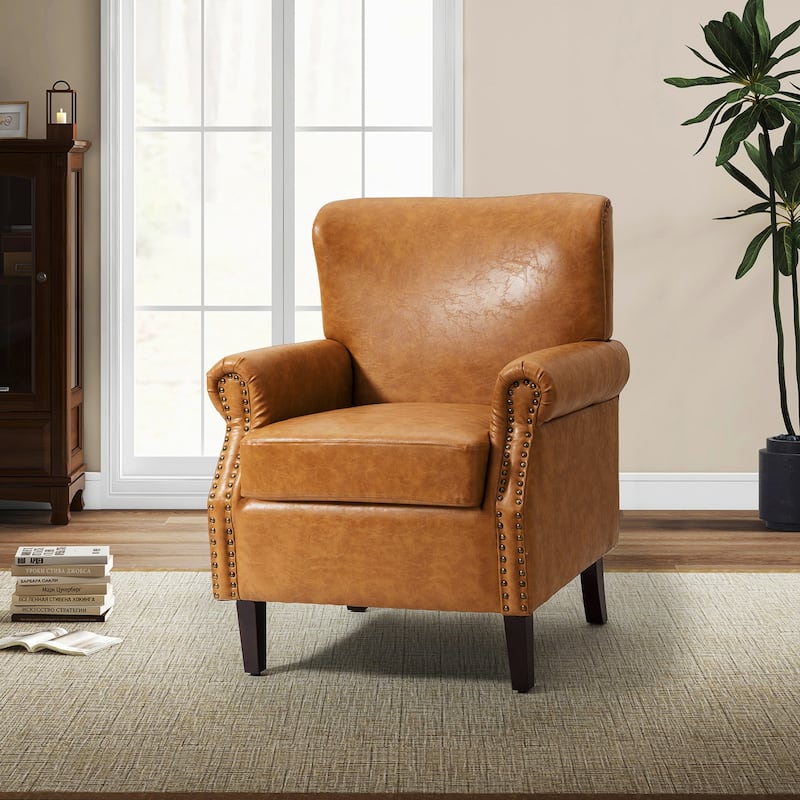 Levi Transitional Leather Armchair with Nailhead Trim Rolled Arms by HULALA HOME - CAMEL