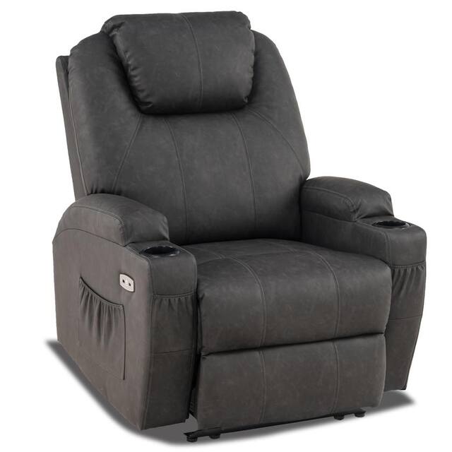 Mcombo Electric Power Recliner Chair with Massage and Heat,USB Charge Ports,Side Pockets and Cup Holders,Faux Leather 7050 - Grey
