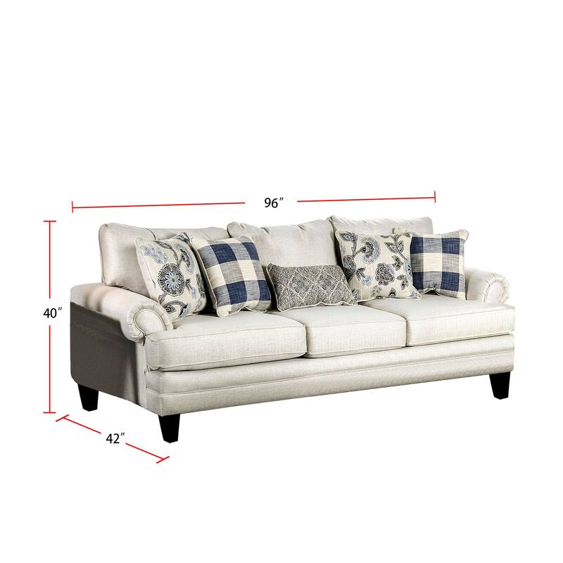 2 Piece Linen-like Fabric and Wood Sofa Set in Ivory Finish