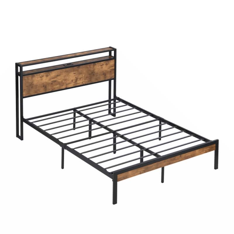 King Size Metal Platform Bed Frame with Wooden Headboard and Footboard