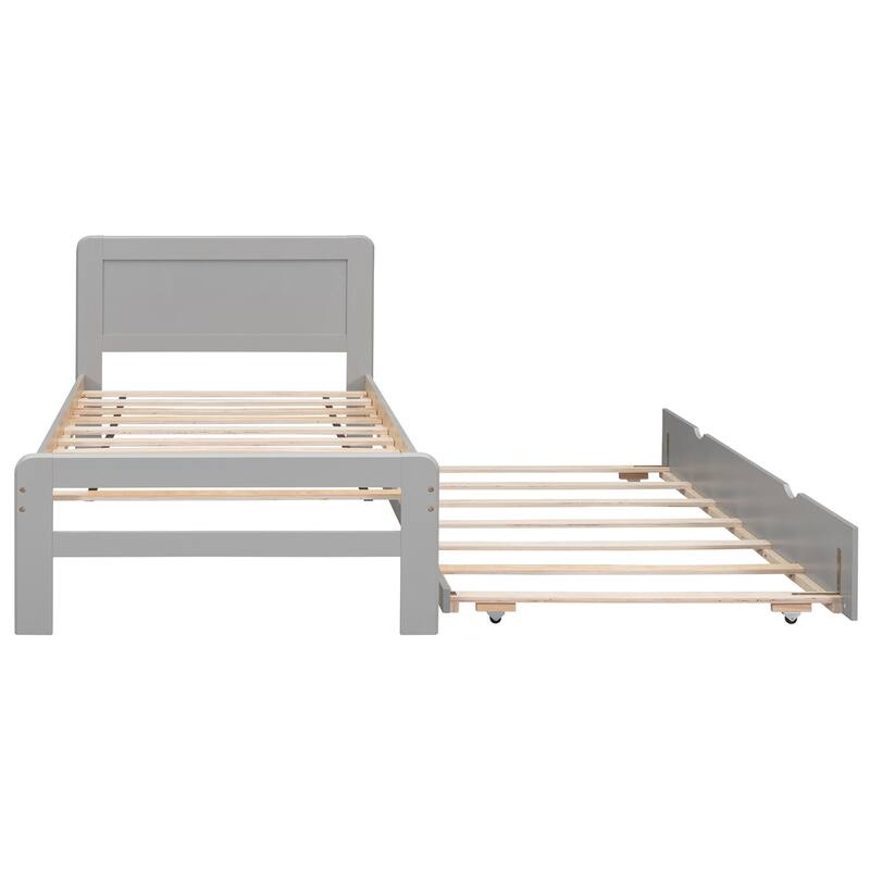 Modern Twin Size Wooden Platform Bed Frame with Trundle, Slats