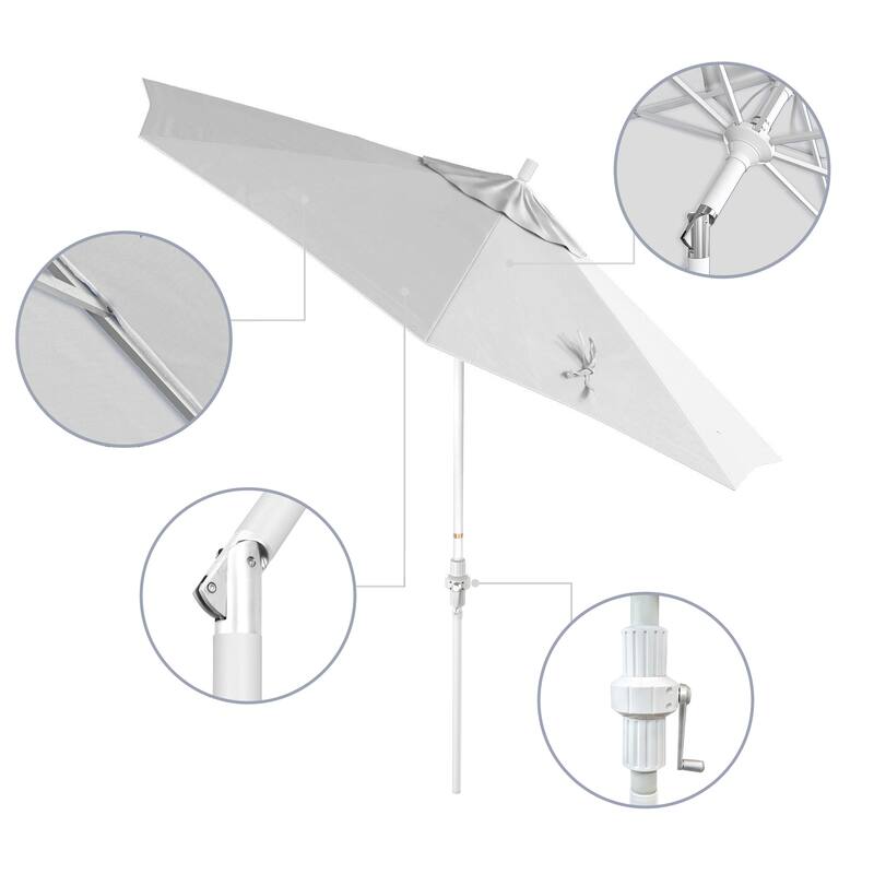 California Umbrella 9' Rd Golden State Series Patio Umbrella White Aluminum Frame Crank Lift Collar Tilt Sunbrella