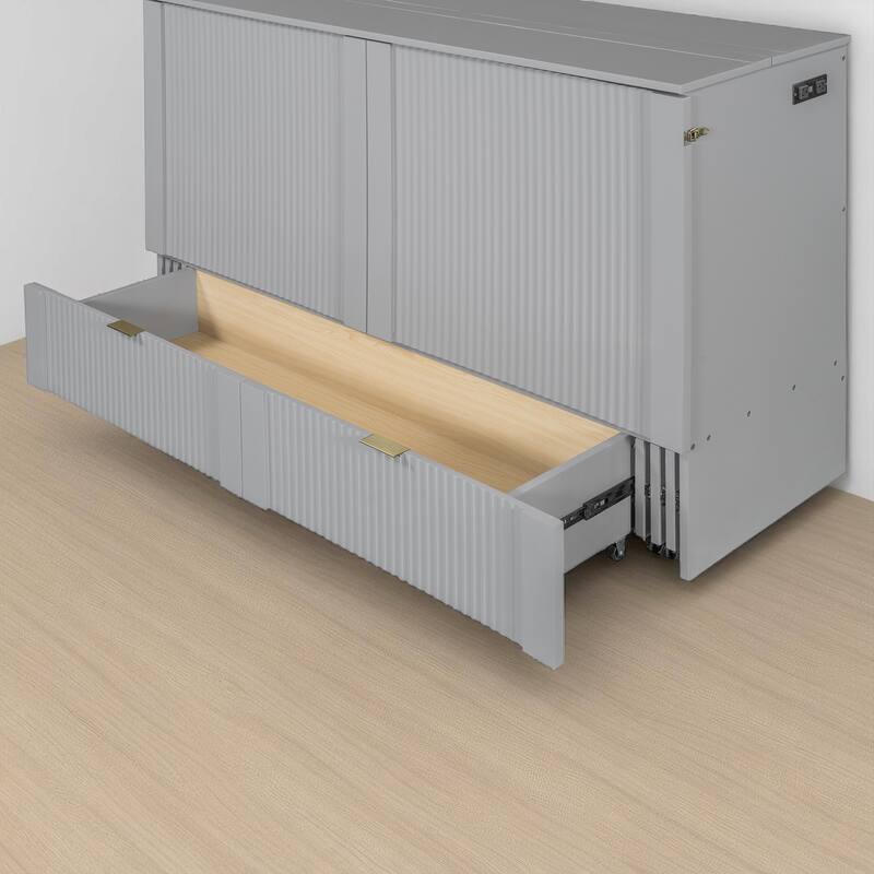 Full/Queen Size Murphy Bed Cabinet with Pulley Folding Design, USB Ports, Sockets and Large Storage Drawer