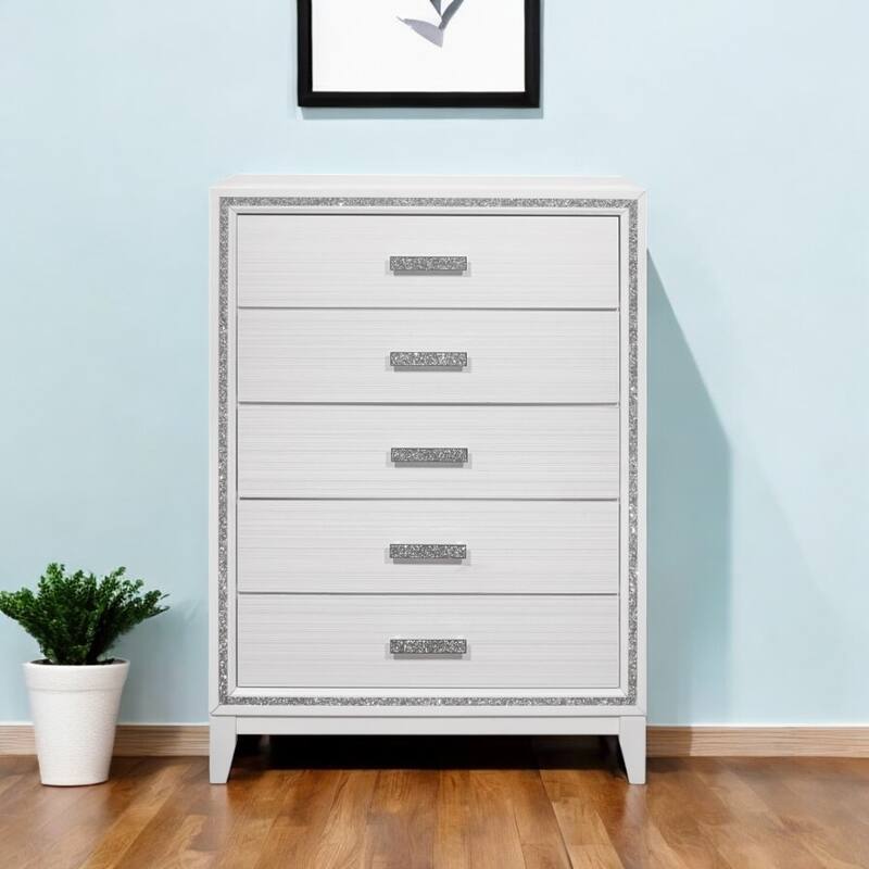 HomeRoots 49" White And Silver And Faux Wood And Crystal Bling Lighted Five Drawer Dresser - White/Silver - 5-drawer