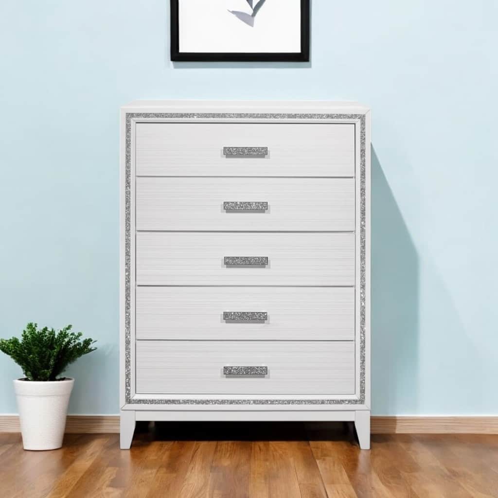 HomeRoots 49" White And Silver And Faux Wood And Crystal Bling Lighted Five Drawer Dresser