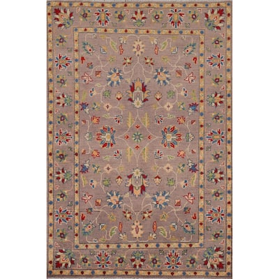 Brown Floral Oushak Oriental Accent Rug Hand-Knotted Wool Carpet - 3'4" x 5'2"