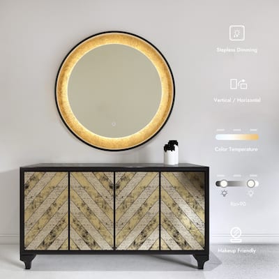 Evari 30 IN. Mid Century Modern Round Gold Leaf LED Bathroom Vanity Mirror Dimmable Makeup Light - Dia.30" x H1.5"
