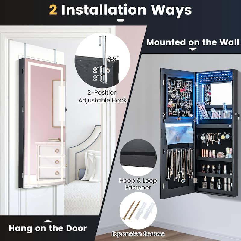 Gymax LED Mirror Jewelry Cabinet Wall/Door Mounted Organizer Armoire