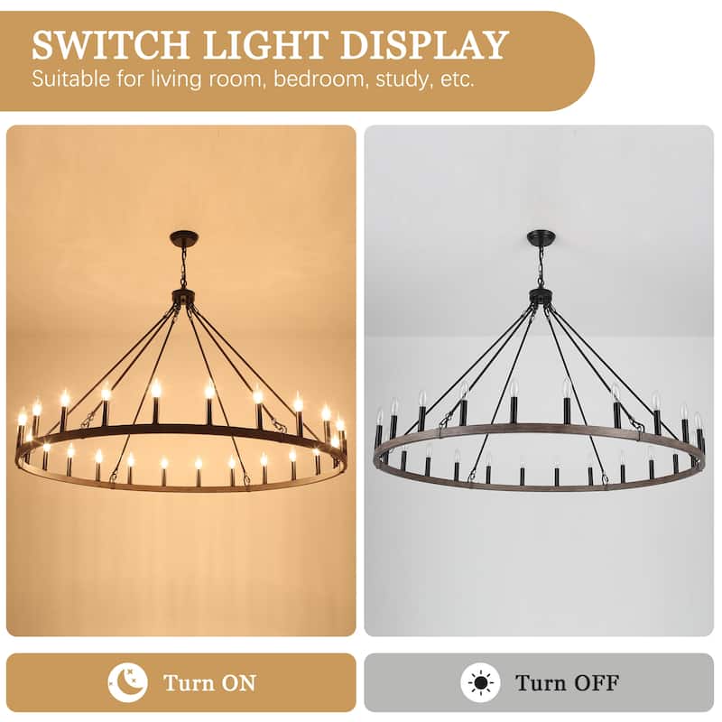 24 - Light 52in. Lagre Dimmable Wagon Wheel Chandelier Farmhouse Round Vintage Candle Style Light - N/A