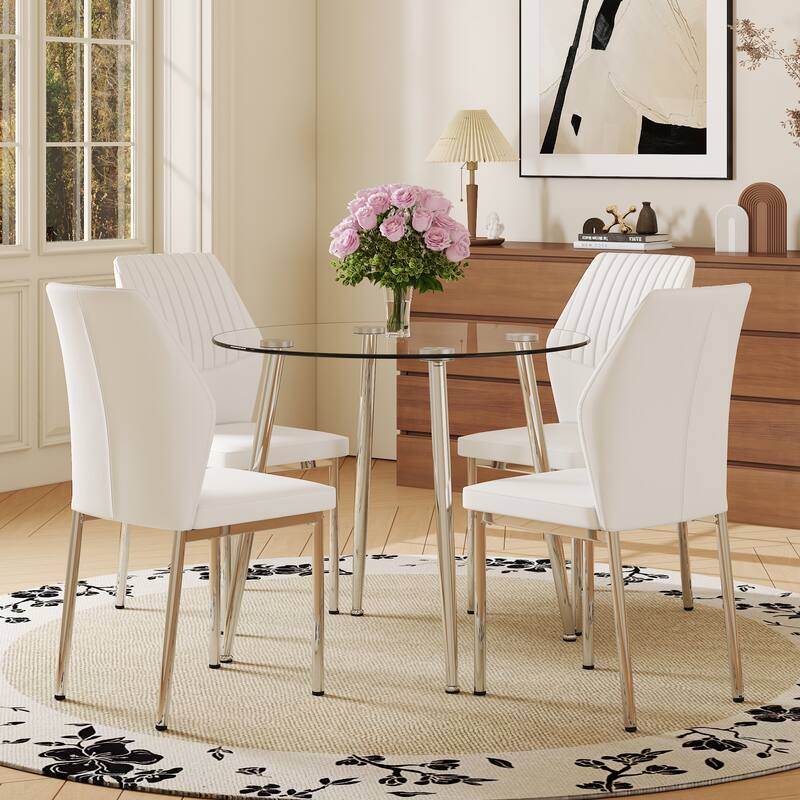 5-Piece Indoor Modern Round Dining Table Set for 4, Transparent Glass Table & 4 PU Chairs Set for Kitchen, Living Room