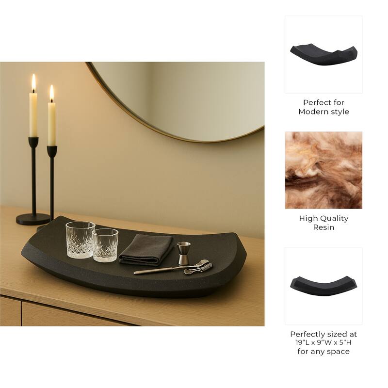 Decorative Accent Curved Resin Bowl Tray - Home Decor - 19", Black - 19.0"
