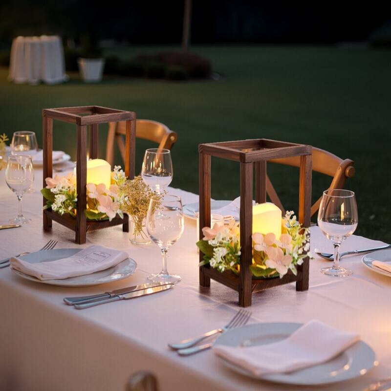 Wooden Wedding Lantern Set with LED Candles and Eucalyptus Wreath Rustic Cedar Table