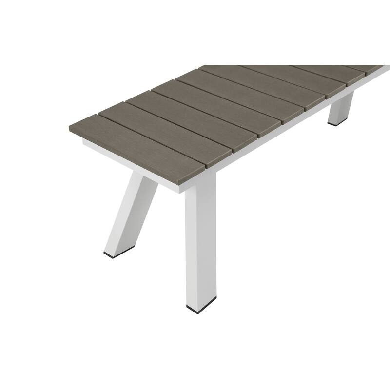 Zia 54 Inch Outdoor Dining Bench, Gray Polyresin Top, White Aluminum Frame