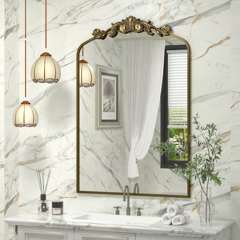 Arched Vintage Mirror Traditional Baroque Style Wall Mirror - 36" x 24" - Antique Gold