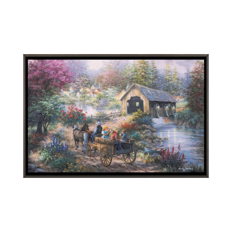 iCanvas "Merriment At Covered Bridge" by Nicky Boehme Framed - Charcoal - 32x48