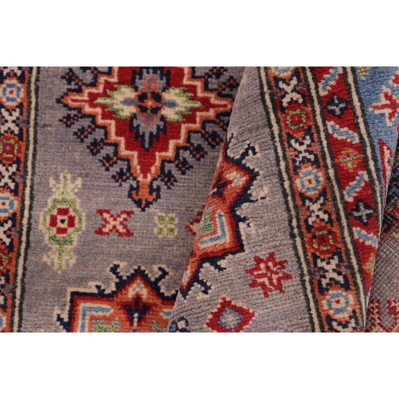 Rustic Kazak Angel Gray/Light Blue Wool Rug - 4'2'' x 6'1''