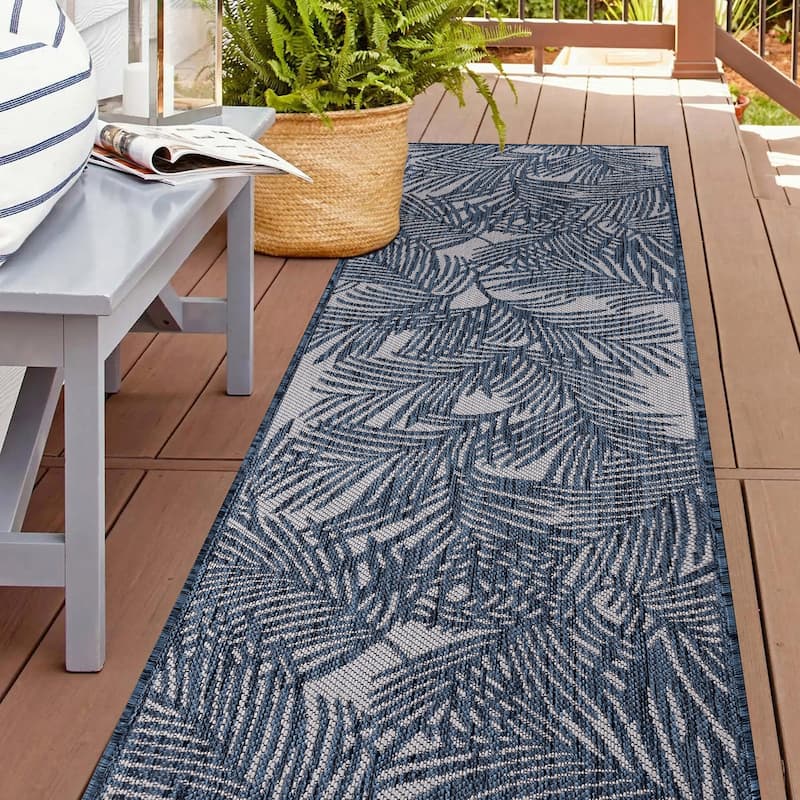 World Rug Gallery Contemporary Palm Leaf Textured Flat Weave Indoor/Outdoor Area Rug - 2'x7' Runner - Navy