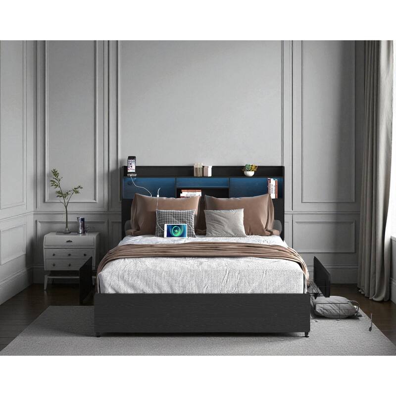 Bed Frame with 4 Storage Drawers, LED Headboard Shelf, Charging Station, No Noise Metal Platform Bed No Box Spring Needed
