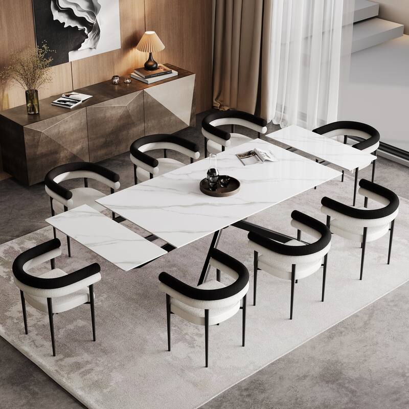 110.24" Extendable Sintered Stone Dining Table With 8 Chairs Dining Table Set - Snowy Mountain White