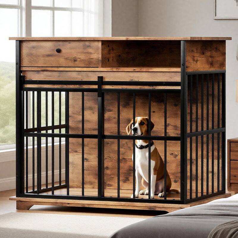 Dog Crate Furniture with Drawer & Sliding Door, Decorative Pet Kennel End Table for Medium Dogs, Wooden Dog Crate with Tray