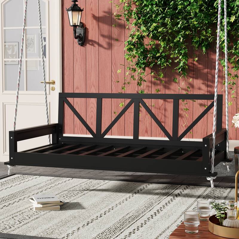 Acacia Wood Twin Size Outdoor Swing Bed with 16.4ft Hemp Ropes, Modern Hanging Porch Daybed Frame for Patio or Garden - Black