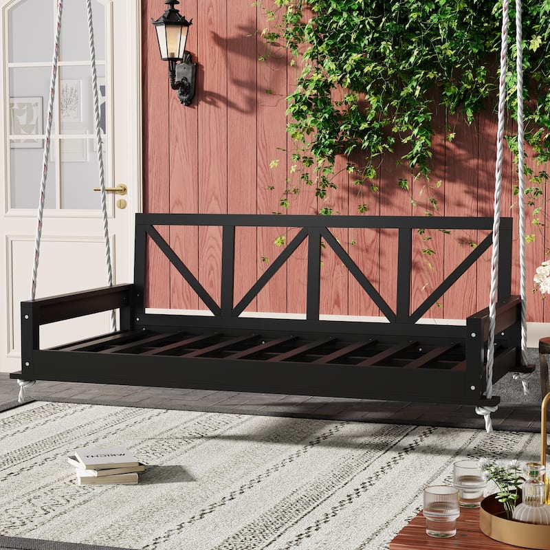Acacia Wood Twin Size Patio Swing Bed Modern Porch Swing Hanging Bed Frame with 16.4ft Hemp Ropes for Garden,Backyard - Black